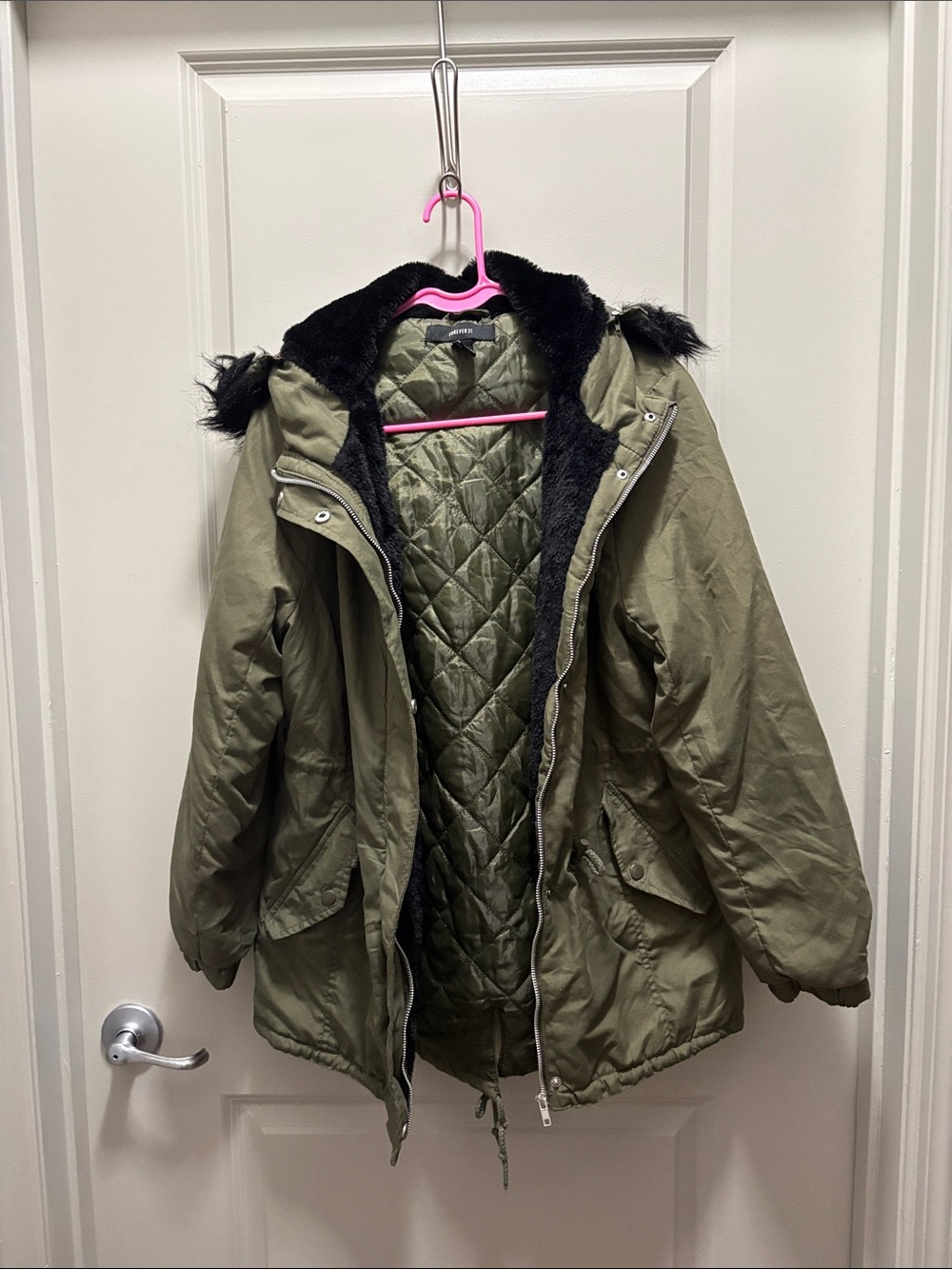 Forever 21 Olive Green Quilted Jacket with Black Faux Fur Collar